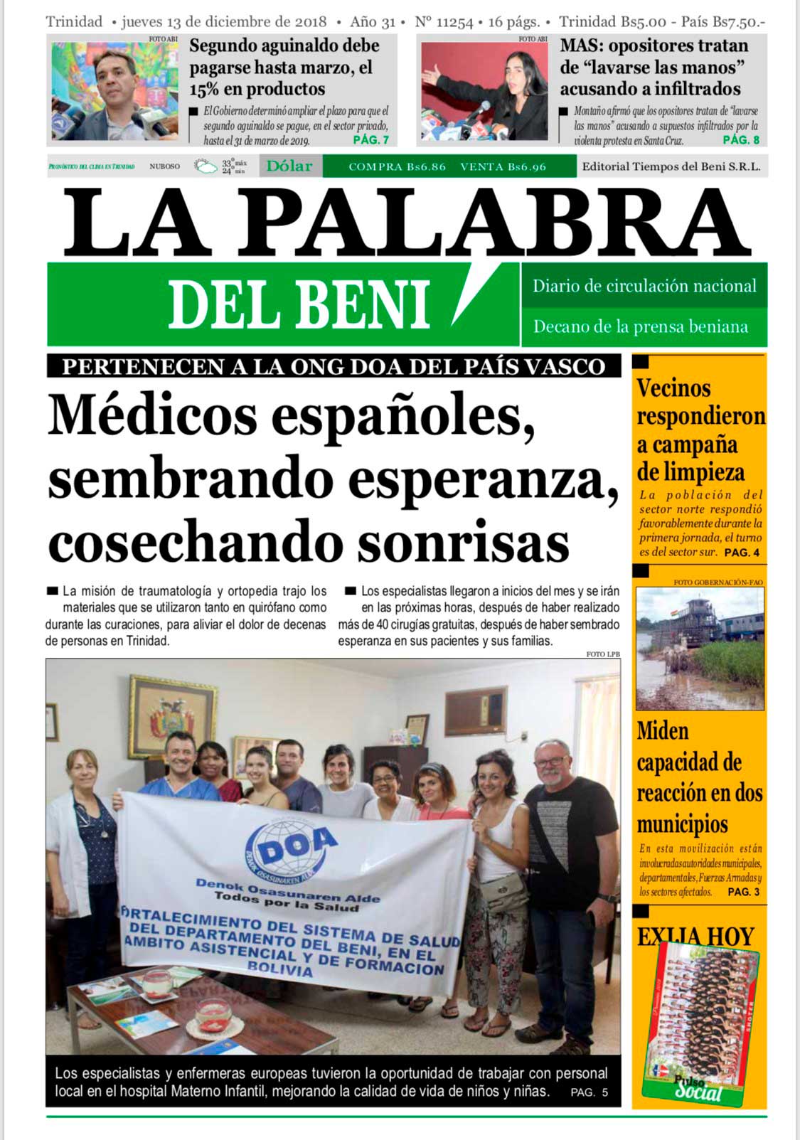 La palabra del Beni portada. Estrecha colaboración entre DOA ONG y el hospital Materno Infantil en Trinidad Bolivia, por tercer año consecutivo.